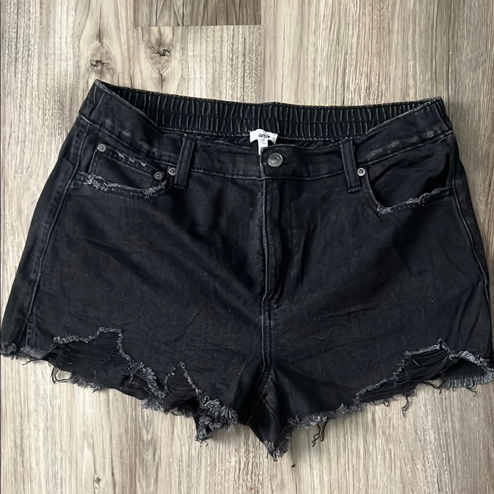 Aerie Black Jean Shorts Distressed Raw-Edge Hem